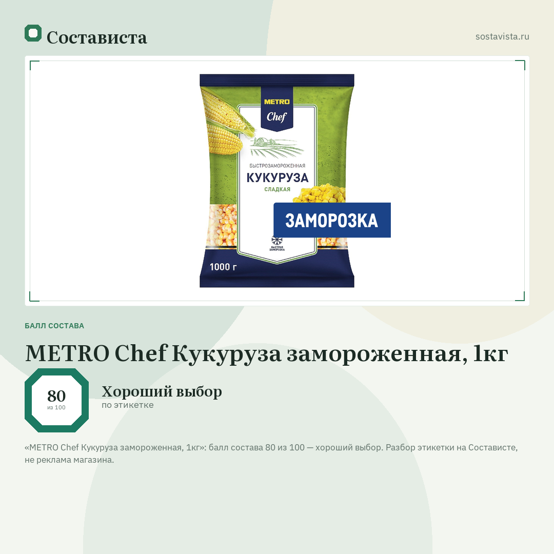 METRO Chef Кукуруза замороженная, 1кг: балл состава 80 из 100 — Состависта