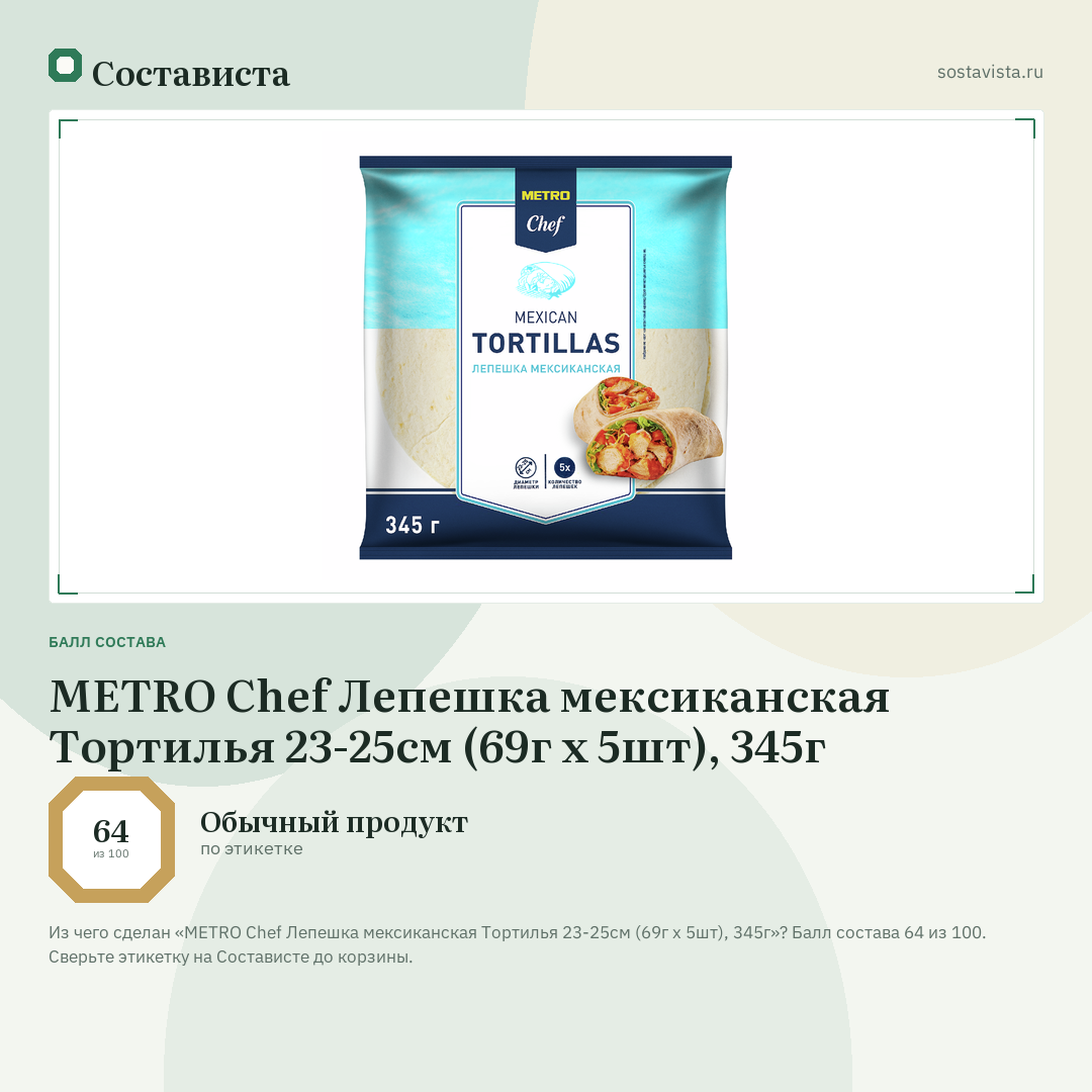 METRO Chef Лепешка мексиканская Тортилья 23-25см (69г x 5шт), 345г: балл состава 64 из 100 — Состависта