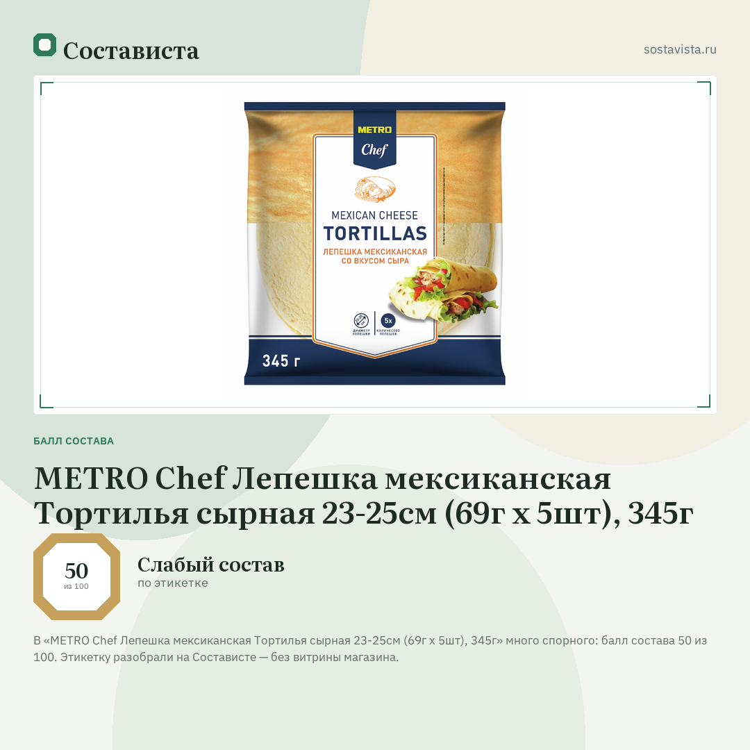 METRO Chef Лепешка мексиканская Тортилья сырная 23-25см (69г х 5шт), 345г: балл состава 50 из 100 — Состависта