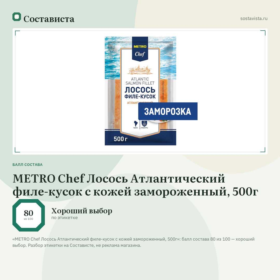 METRO Chef Лосось Атлантический филе-кусок с кожей замороженный, 500г: балл состава 80 из 100 — Состависта