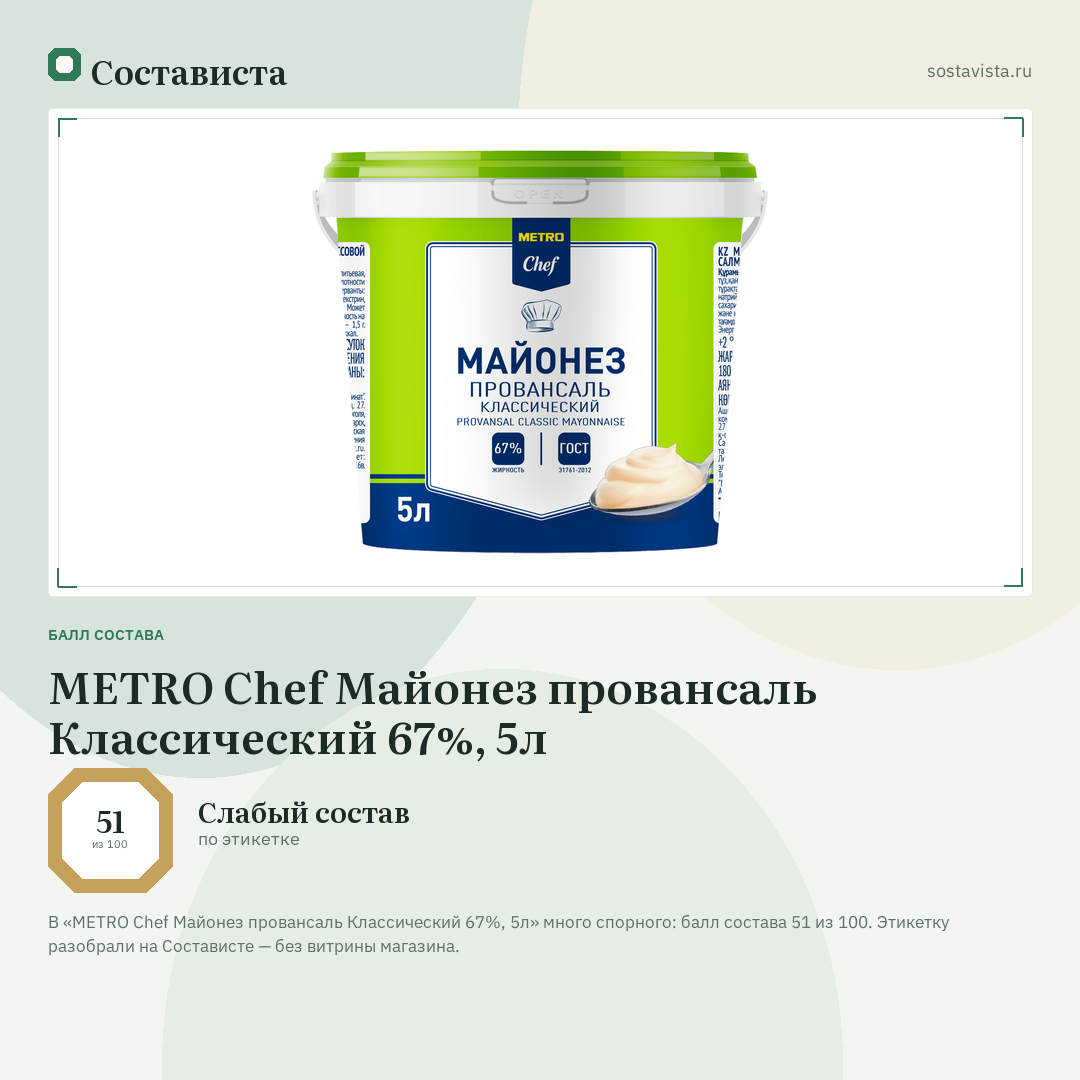 METRO Chef Майонез провансаль Классический 67%, 5л: балл состава 51 из 100 — Состависта