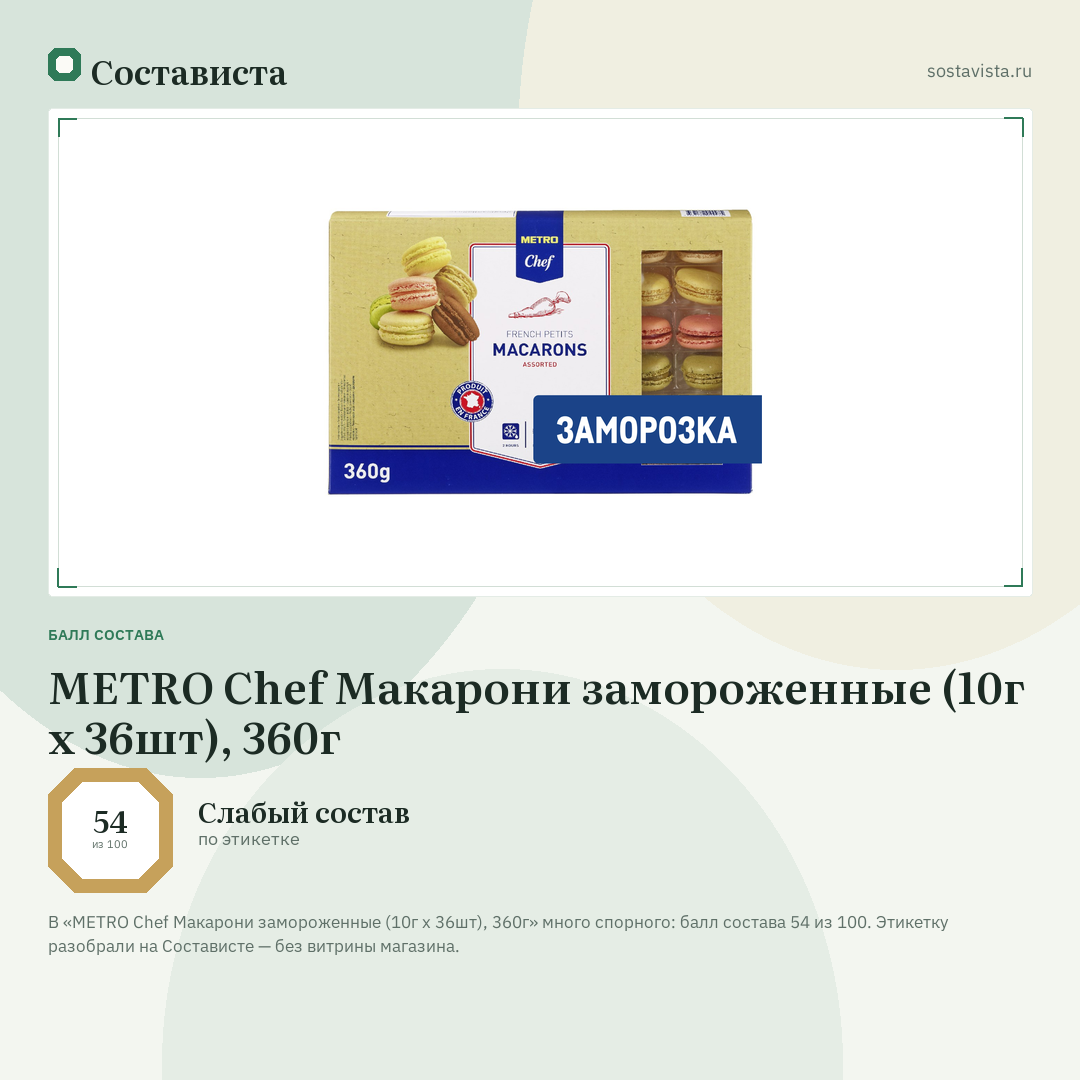 METRO Chef Макарони замороженные (10г x 36шт), 360г: балл состава 54 из 100 — Состависта