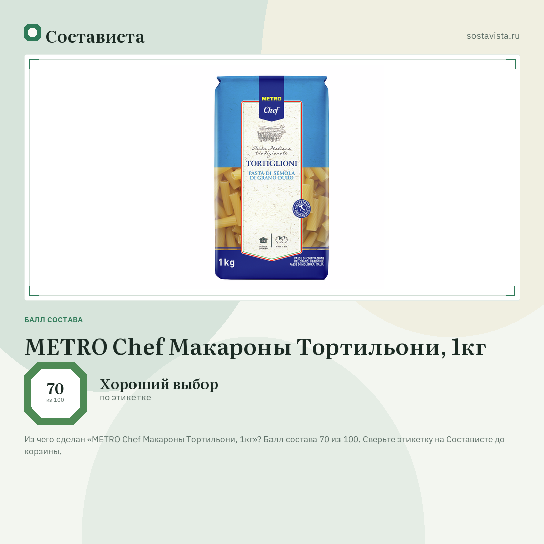METRO Chef Макароны Тортильони, 1кг: балл состава 70 из 100 — Состависта