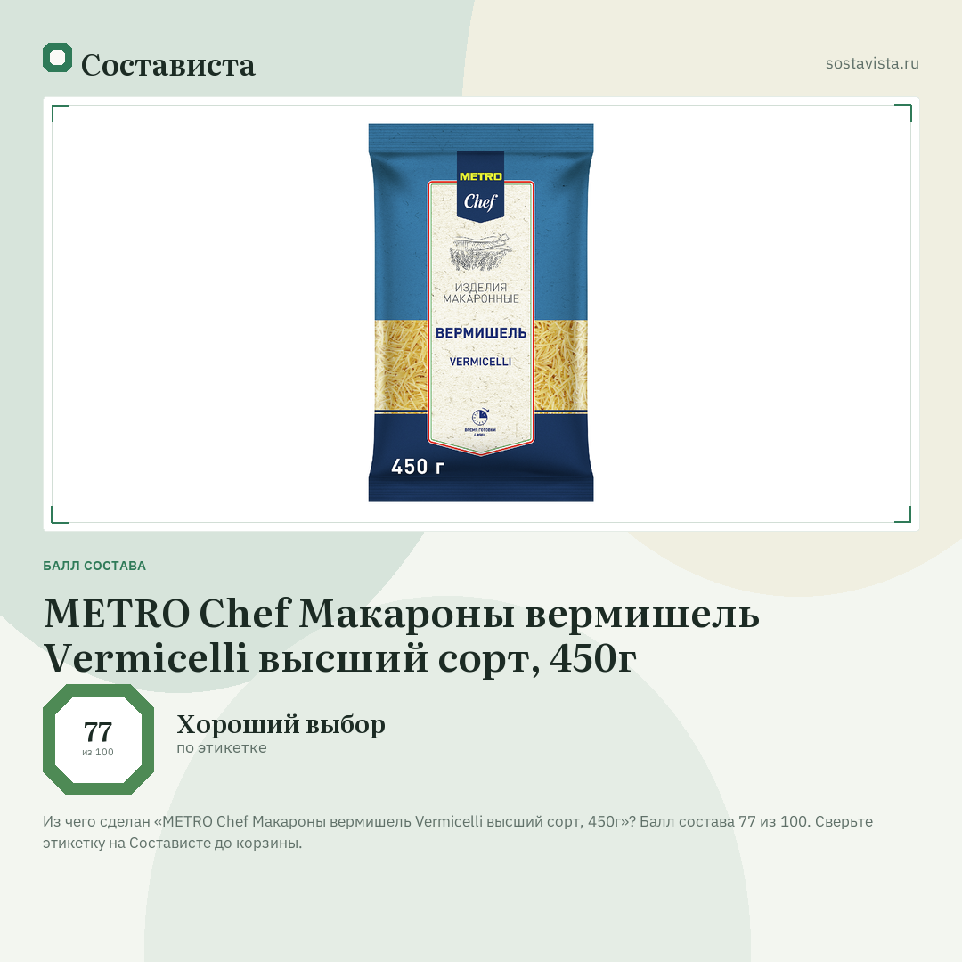 METRO Chef Макароны вермишель Vermicelli высший сорт, 450г: балл состава 77 из 100 — Состависта