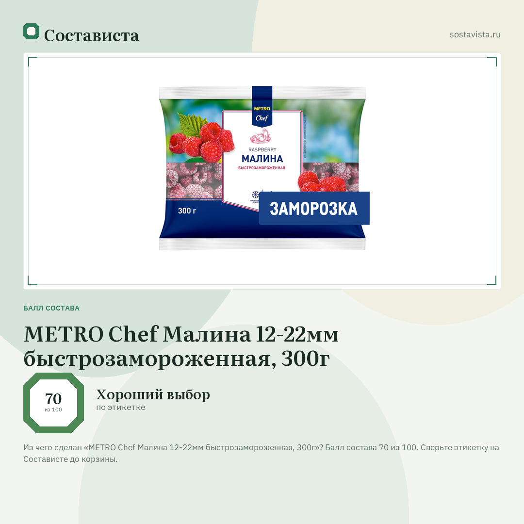 METRO Chef Малина 12-22мм быстрозамороженная, 300г: балл состава 70 из 100 — Состависта