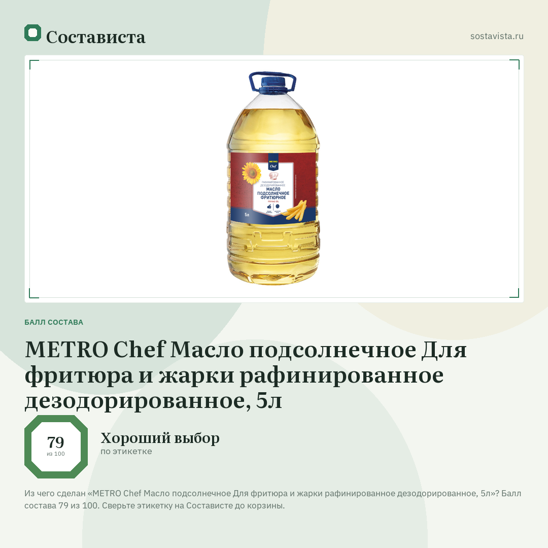 METRO Chef Масло подсолнечное Для фритюра и жарки рафинированное дезодорированное, 5л: балл состава 79 из 100 — Состависта
