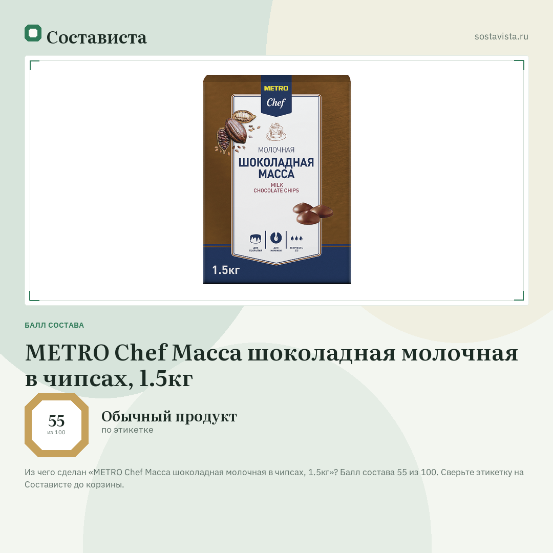 METRO Chef Масса шоколадная молочная в чипсах, 1.5кг: балл состава 55 из 100 — Состависта