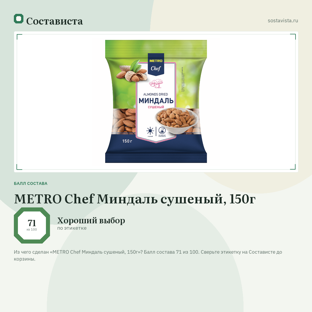 METRO Chef Миндаль сушеный, 150г: балл состава 71 из 100 — Состависта