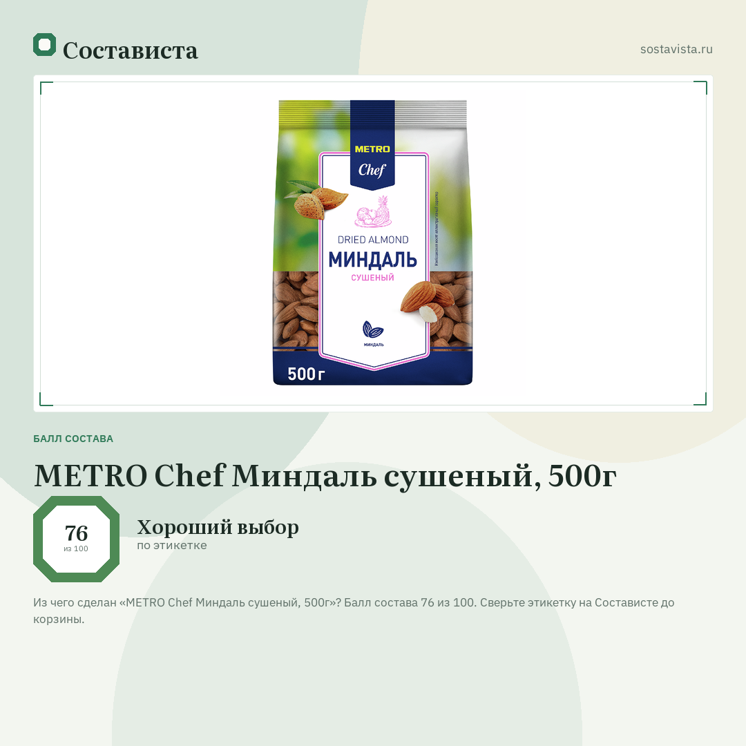 METRO Chef Миндаль сушеный, 500г: балл состава 76 из 100 — Состависта