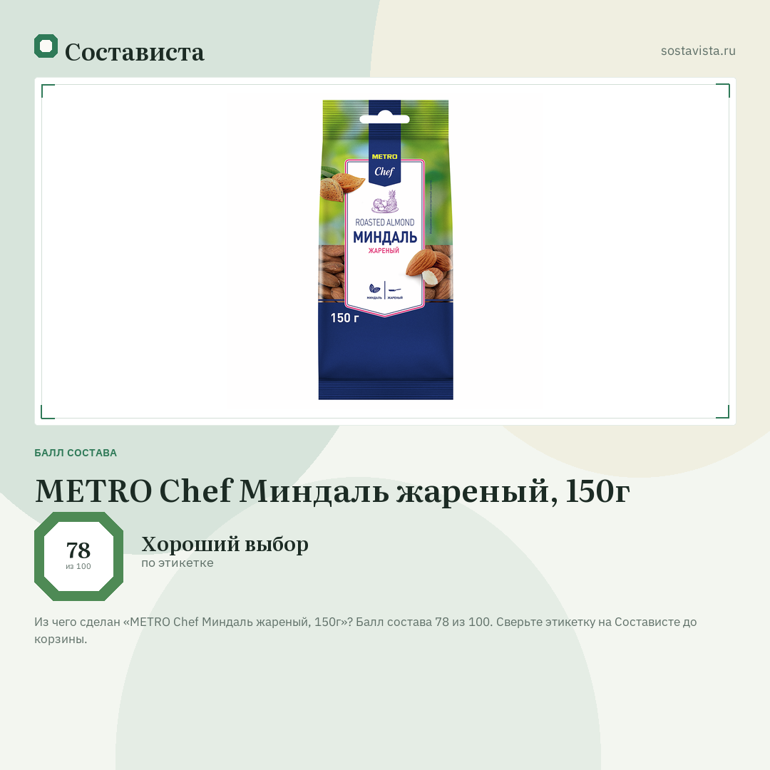 METRO Chef Миндаль жареный, 150г: балл состава 78 из 100 — Состависта