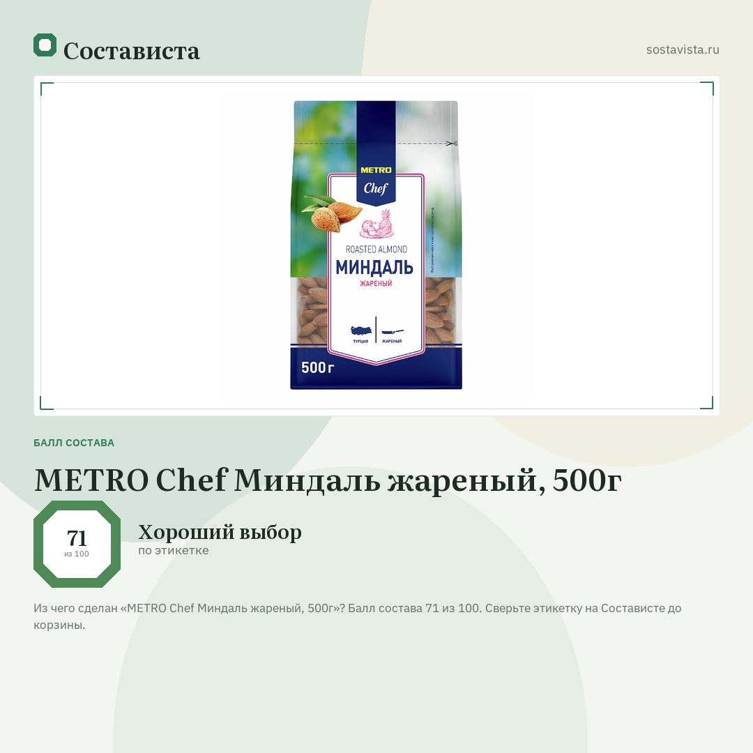 METRO Chef Миндаль жареный, 500г: балл состава 71 из 100 — Состависта