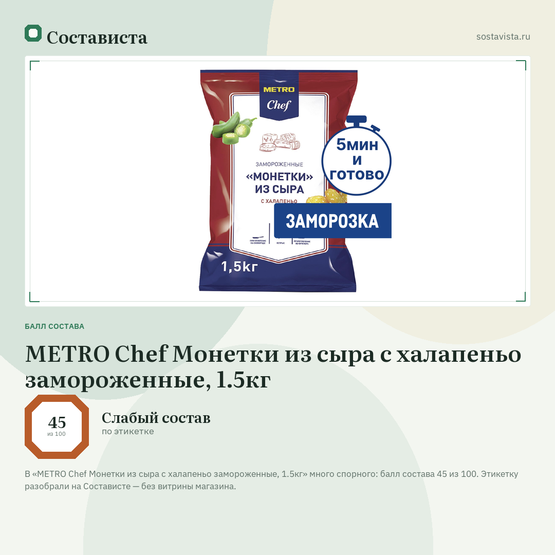 METRO Chef Монетки из сыра с халапеньо замороженные, 1.5кг: балл состава 45 из 100 — Состависта