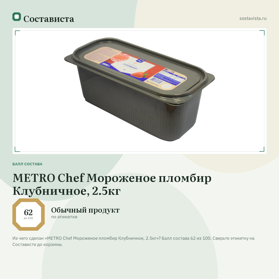 METRO Chef Мороженое пломбир Клубничное, 2.5кг: балл состава 62 из 100 — Состависта