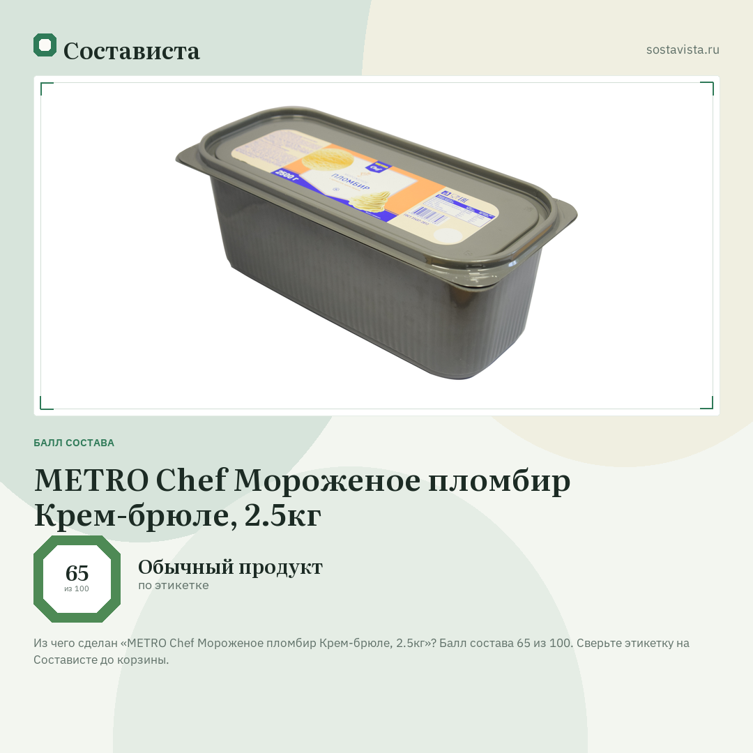 METRO Chef Мороженое пломбир Крем-брюле, 2.5кг: балл состава 65 из 100 — Состависта