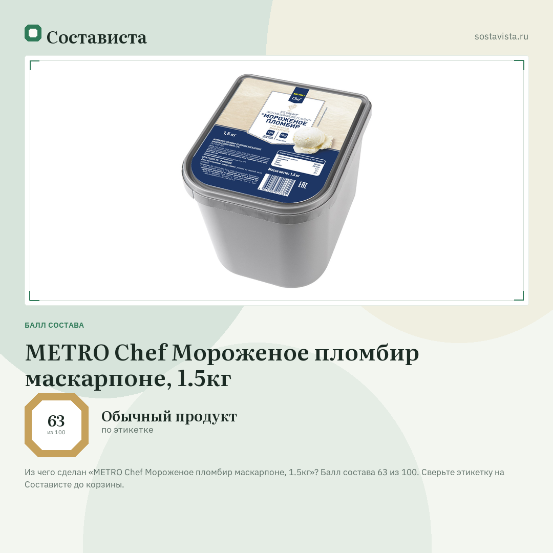 METRO Chef Мороженое пломбир маскарпоне, 1.5кг: балл состава 63 из 100 — Состависта