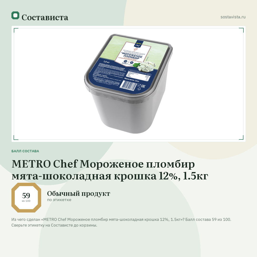 METRO Chef Мороженое пломбир мята-шоколадная крошка 12%, 1.5кг: балл состава 59 из 100 — Состависта