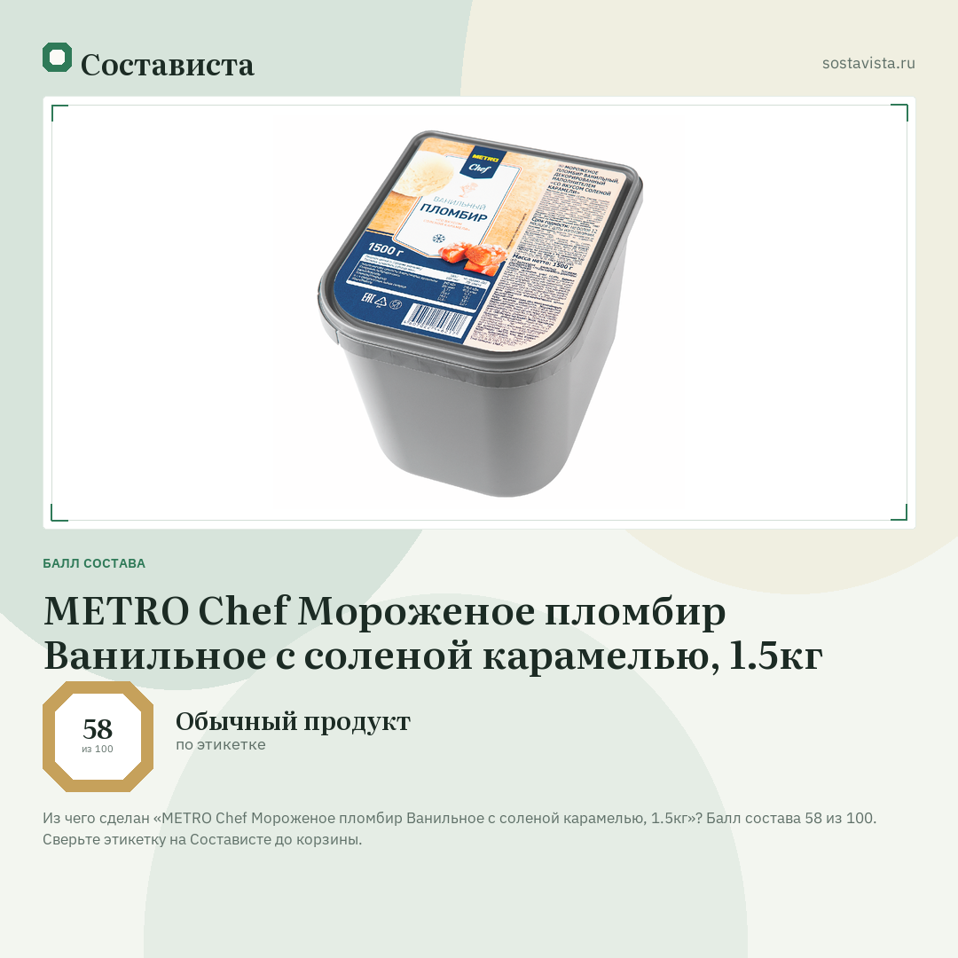 METRO Chef Мороженое пломбир Ванильное с соленой карамелью, 1.5кг: балл состава 58 из 100 — Состависта