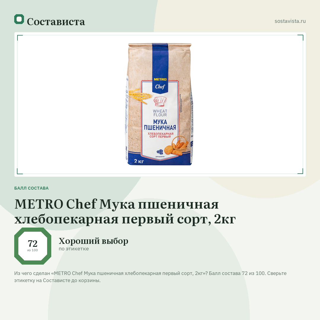 METRO Chef Мука пшеничная хлебопекарная первый сорт, 2кг: балл состава 72 из 100 — Состависта