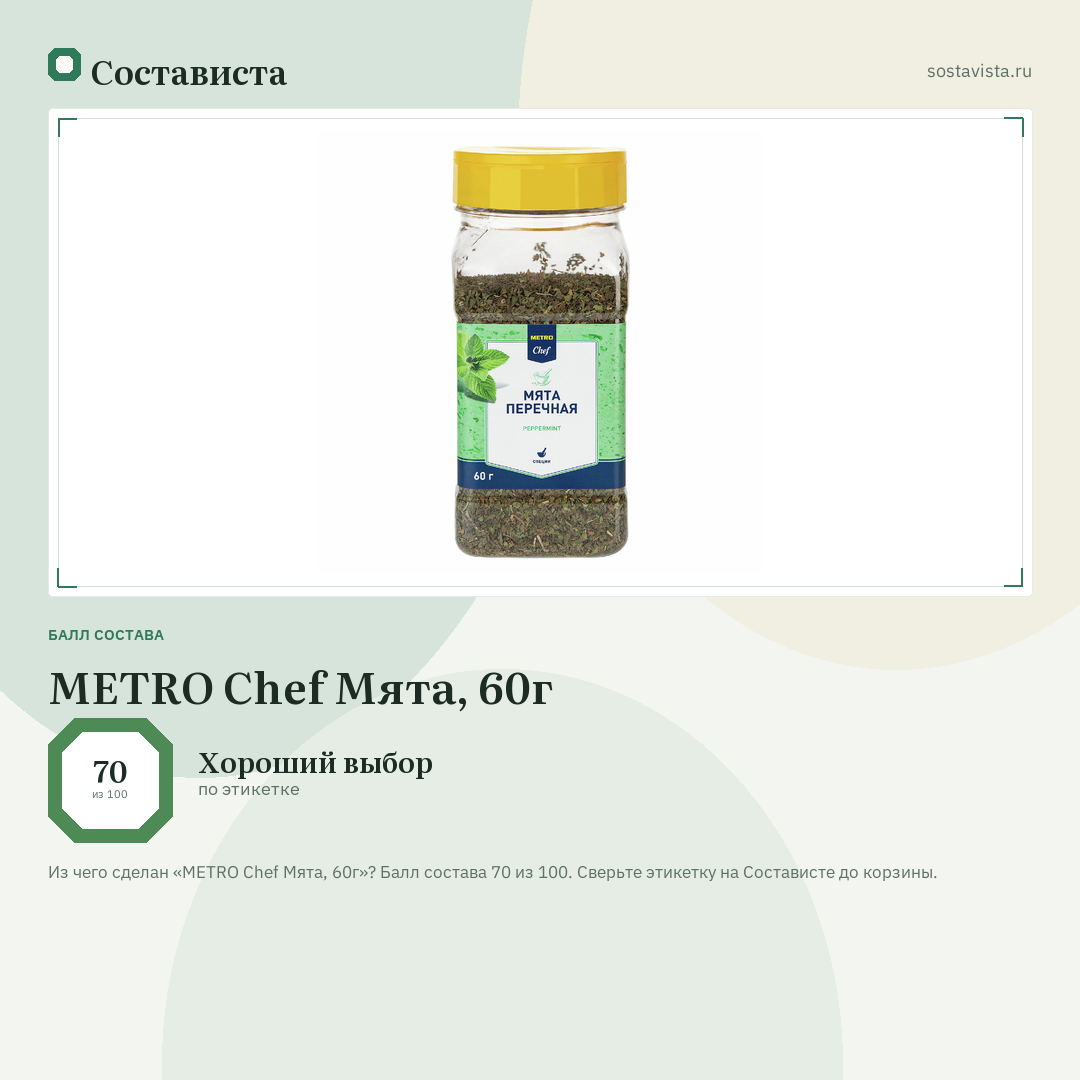 METRO Chef Мята, 60г: балл состава 70 из 100 — Состависта