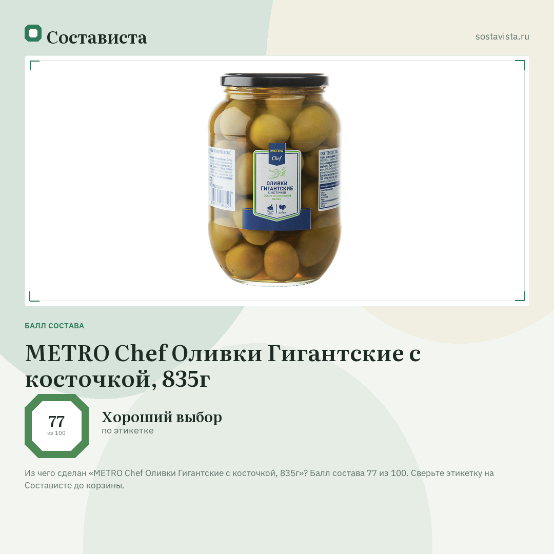 METRO Chef Оливки Гигантские с косточкой, 835г: балл состава 77 из 100 — Состависта