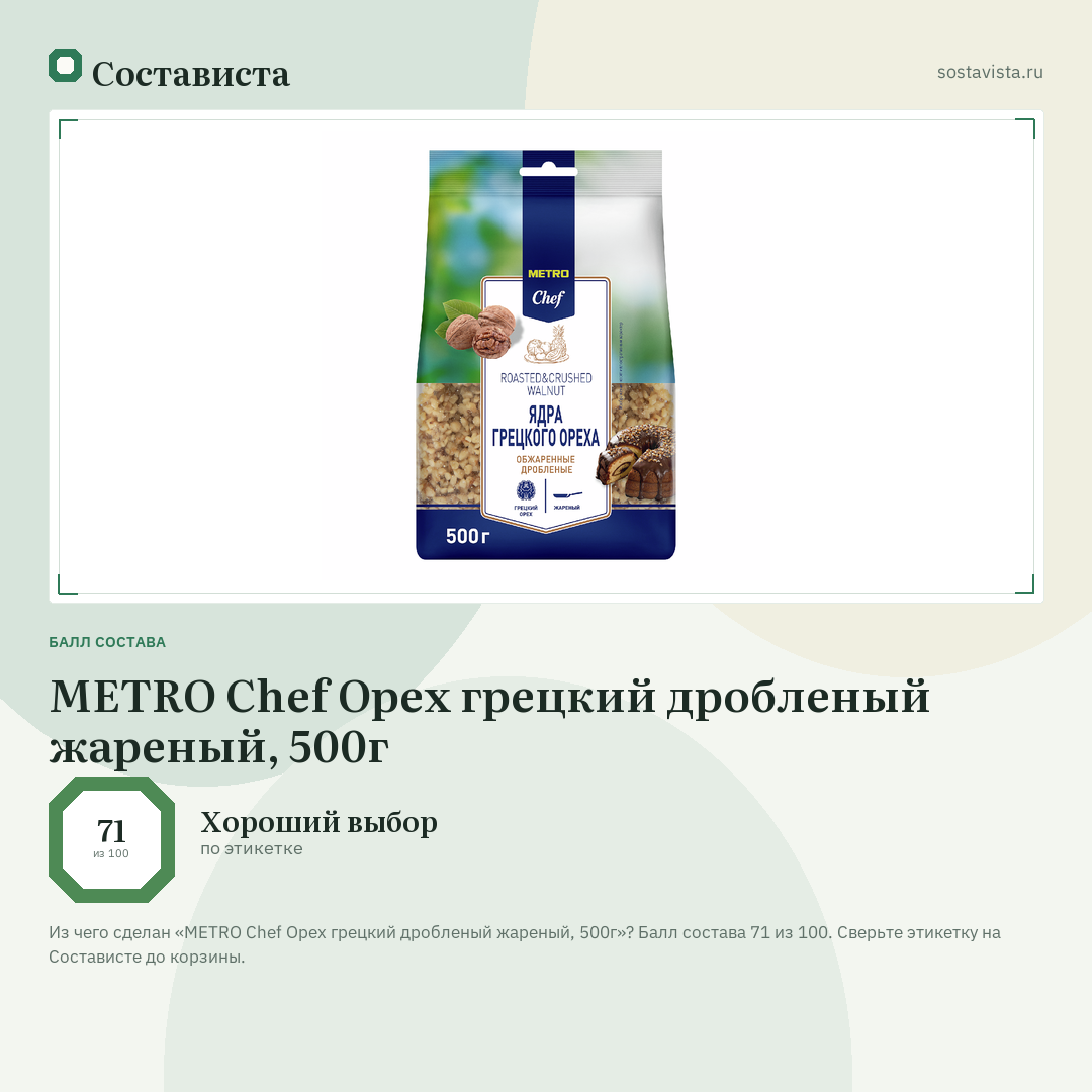 METRO Chef Орех грецкий дробленый жареный, 500г: балл состава 71 из 100 — Состависта