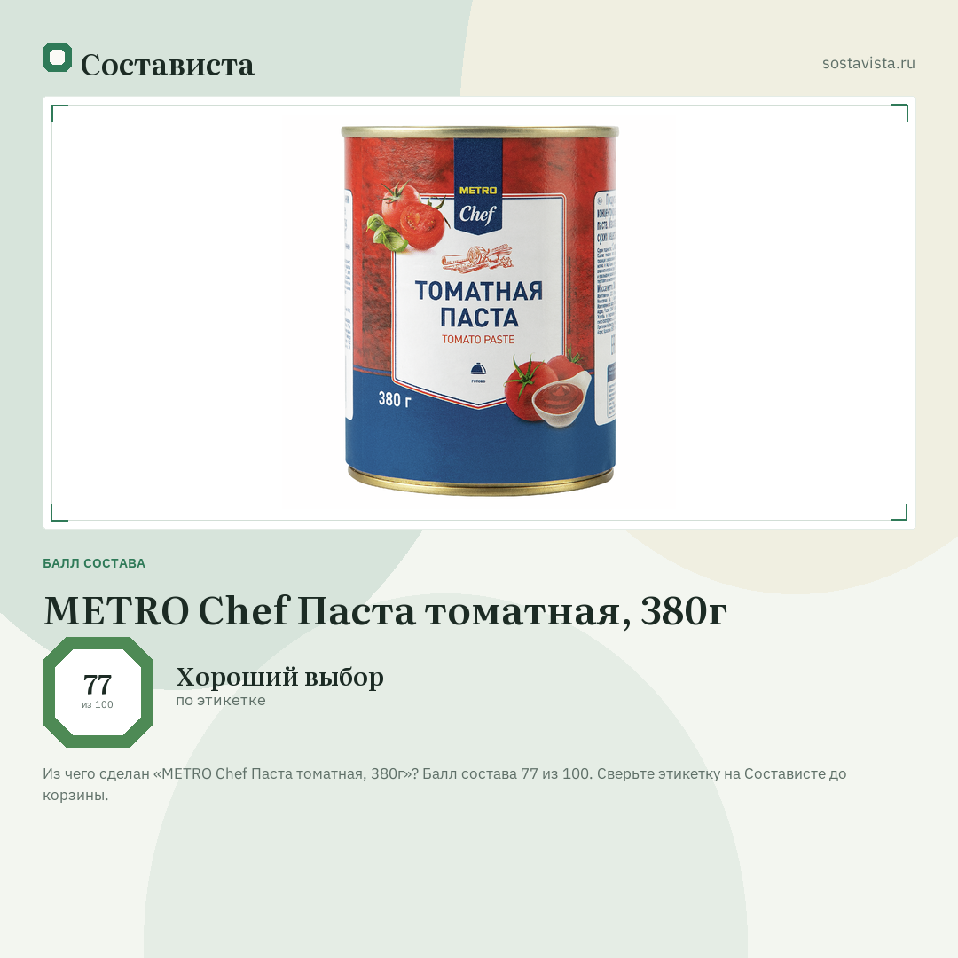 METRO Chef Паста томатная, 380г: балл состава 77 из 100 — Состависта