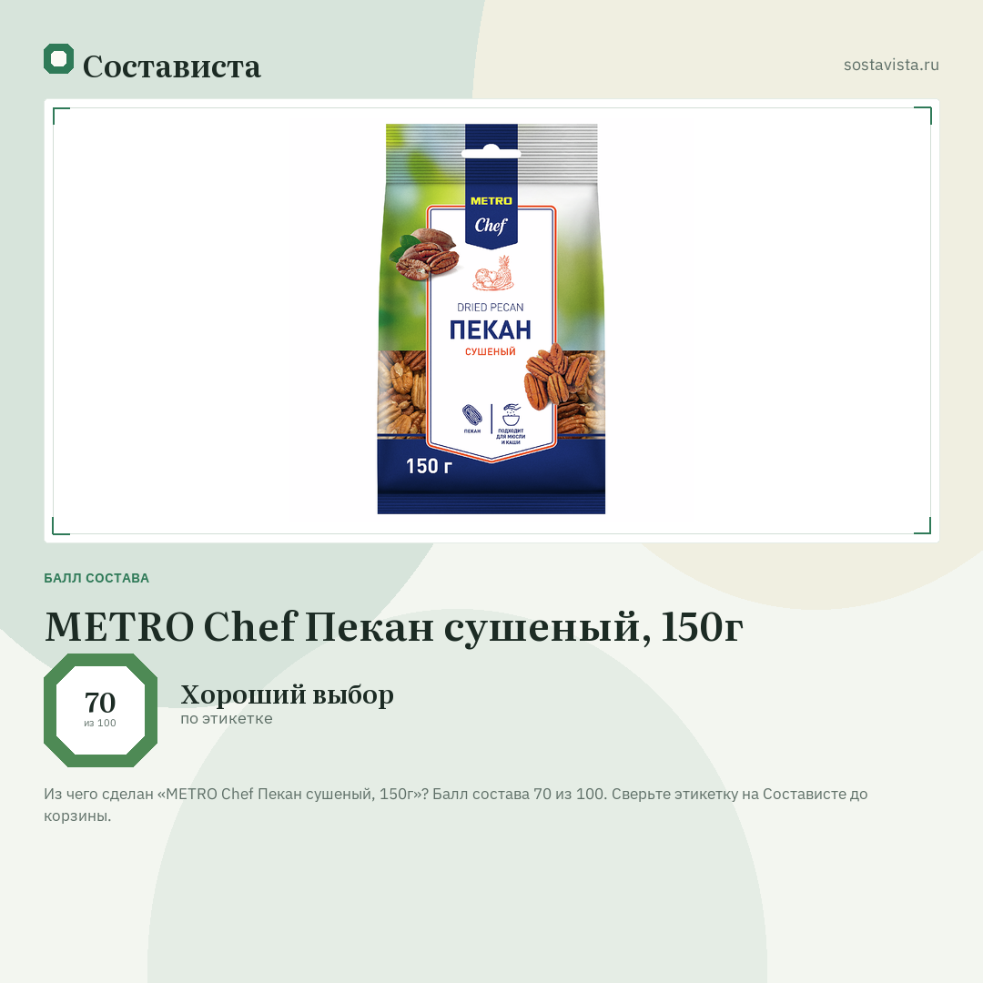 METRO Chef Пекан сушеный, 150г: балл состава 70 из 100 — Состависта