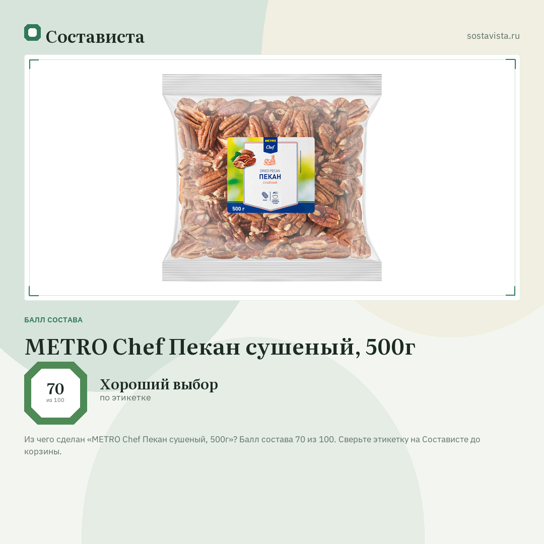 METRO Chef Пекан сушеный, 500г: балл состава 70 из 100 — Состависта