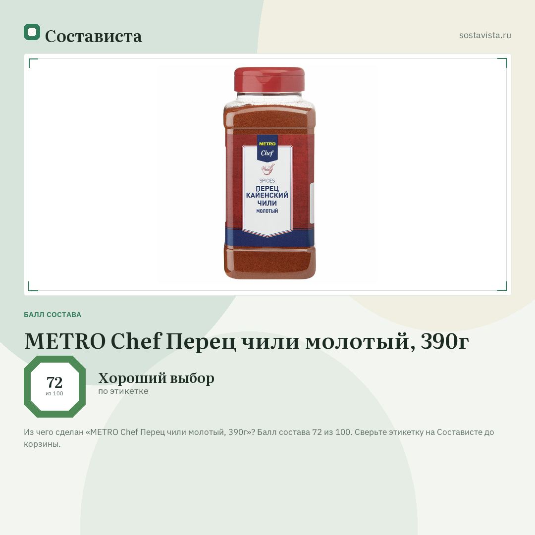 METRO Chef Перец чили молотый, 390г: балл состава 72 из 100 — Состависта