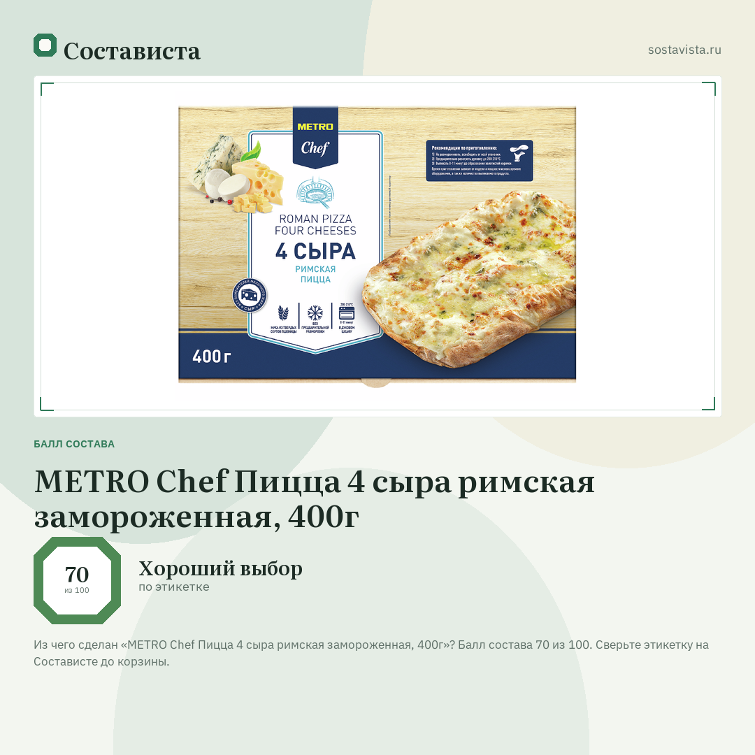 METRO Chef Пицца 4 сыра римская замороженная, 400г: балл состава 70 из 100 — Состависта