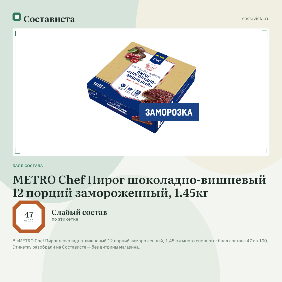 METRO Chef Пирог шоколадно-вишневый 12 порций замороженный, 1.45кг: балл состава 47 из 100 — Состависта