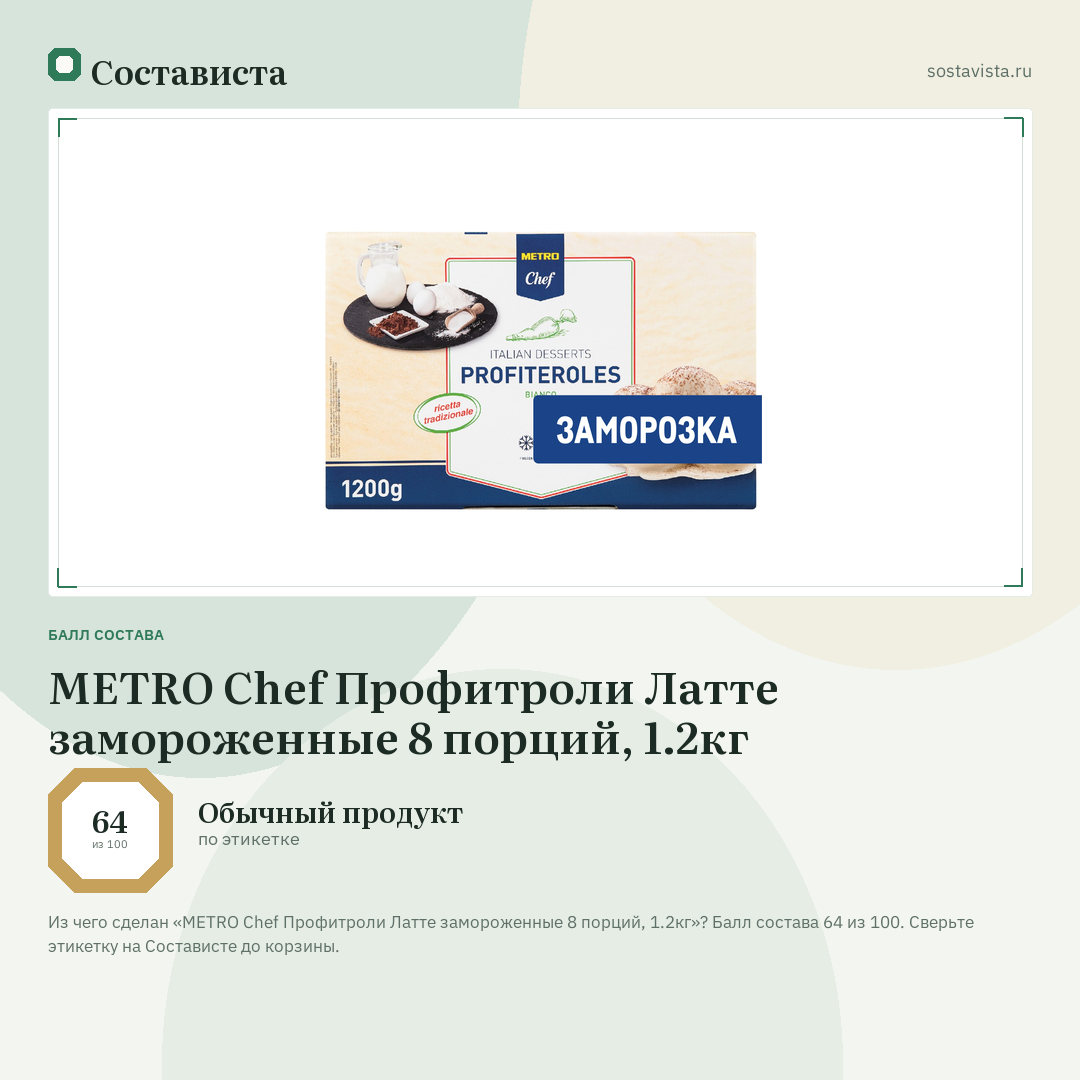 METRO Chef Профитроли Латте замороженные 8 порций, 1.2кг: балл состава 64 из 100 — Состависта
