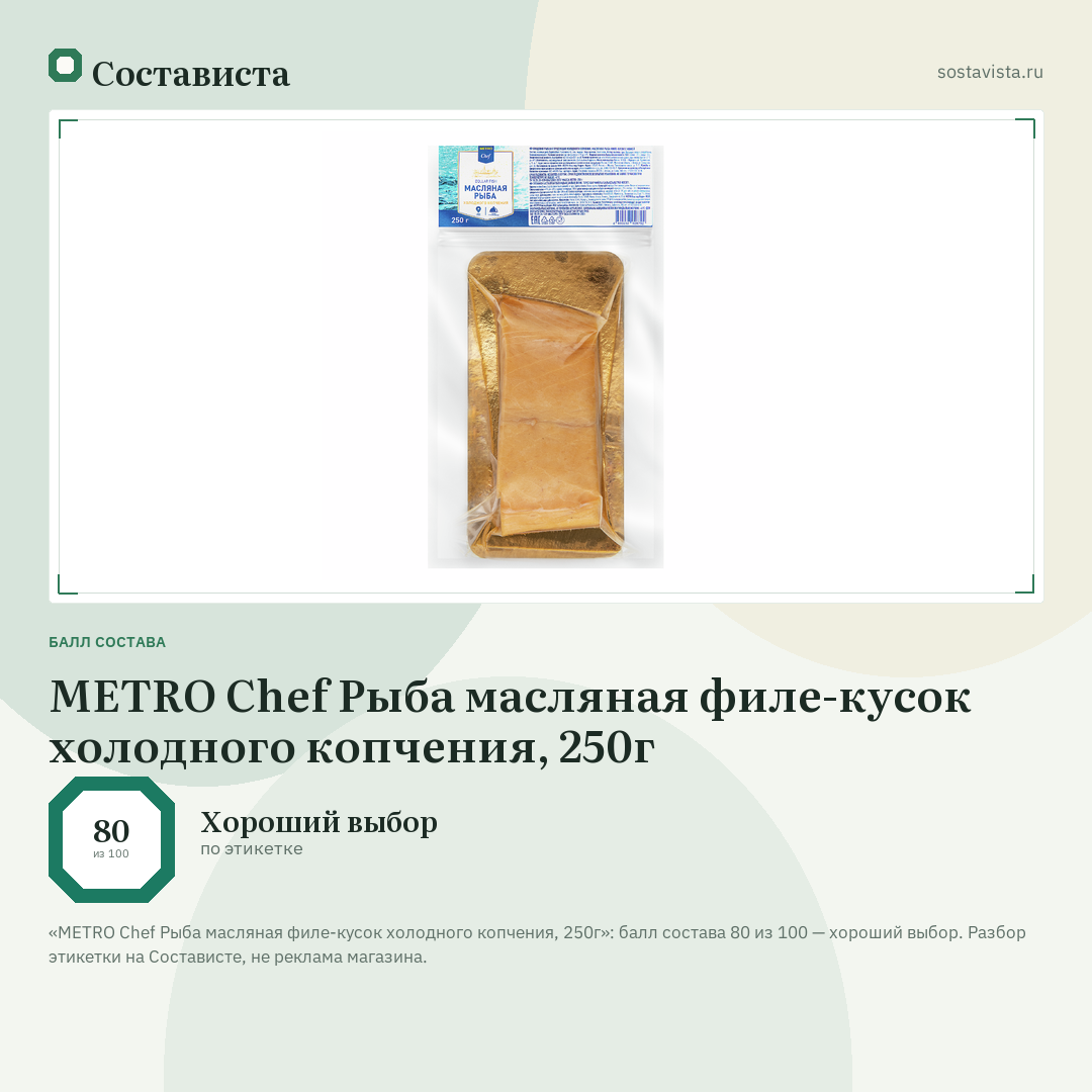 METRO Chef Рыба масляная филе-кусок холодного копчения, 250г: балл состава 80 из 100 — Состависта