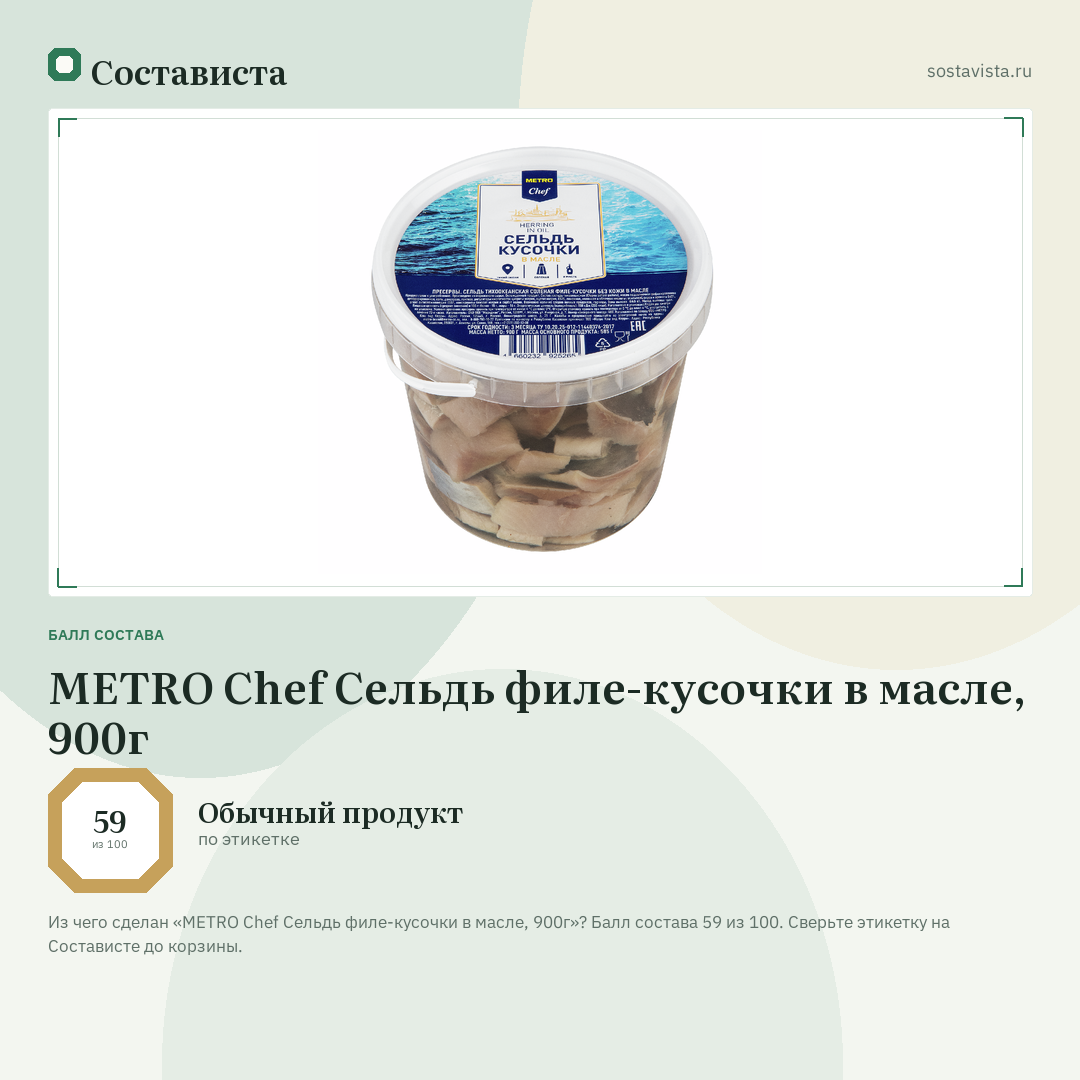 METRO Chef Сельдь филе-кусочки в масле, 900г: балл состава 59 из 100 — Состависта