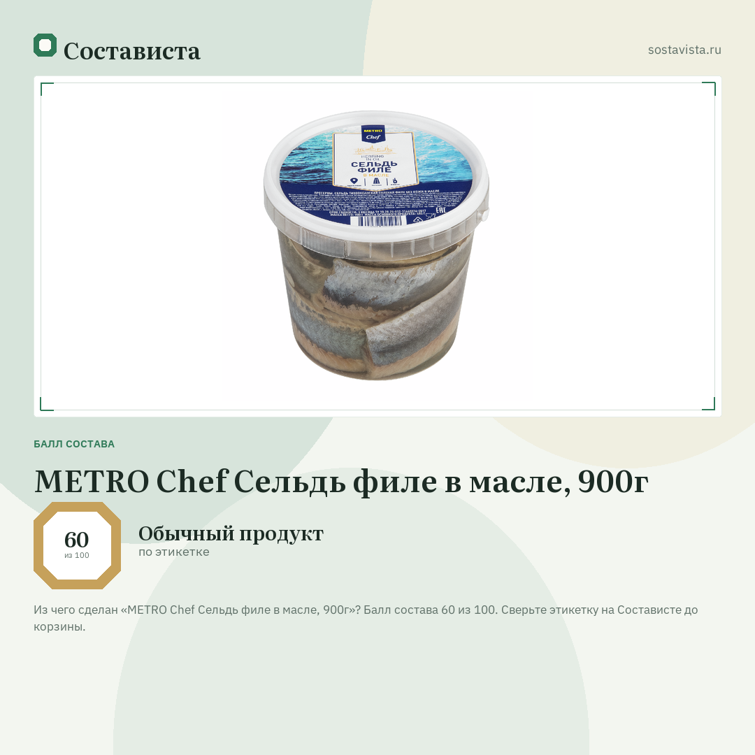 METRO Chef Сельдь филе в масле, 900г: балл состава 60 из 100 — Состависта