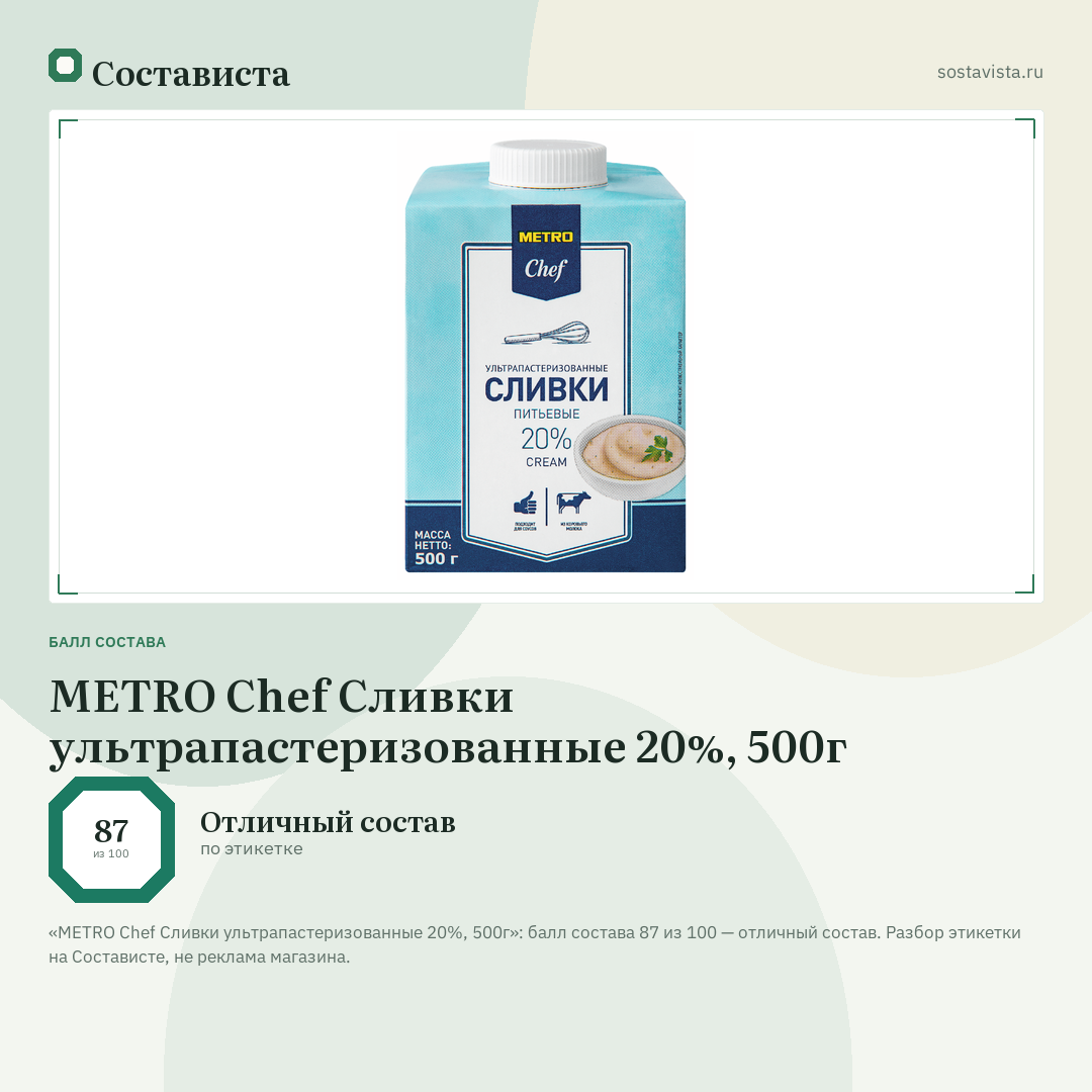 METRO Chef Сливки ультрапастеризованные 20%, 500г: балл состава 87 из 100 — Состависта