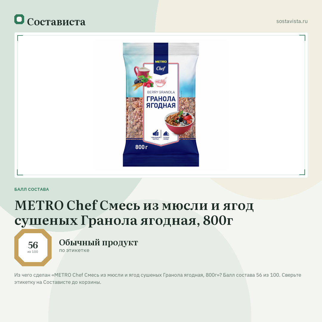 METRO Chef Смесь из мюсли и ягод сушеных Гранола ягодная, 800г: балл состава 56 из 100 — Состависта