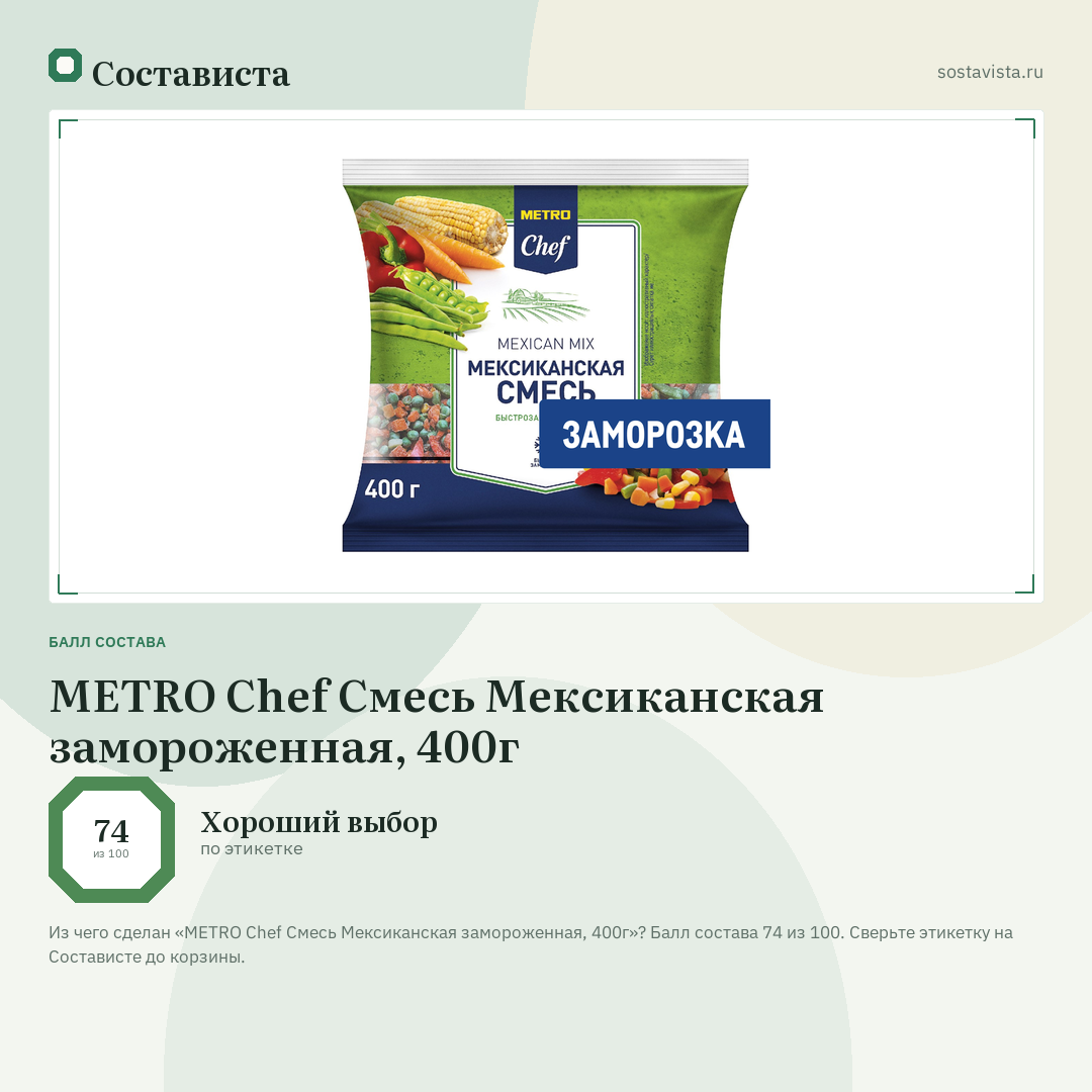 METRO Chef Смесь Мексиканская замороженная, 400г: балл состава 74 из 100 — Состависта