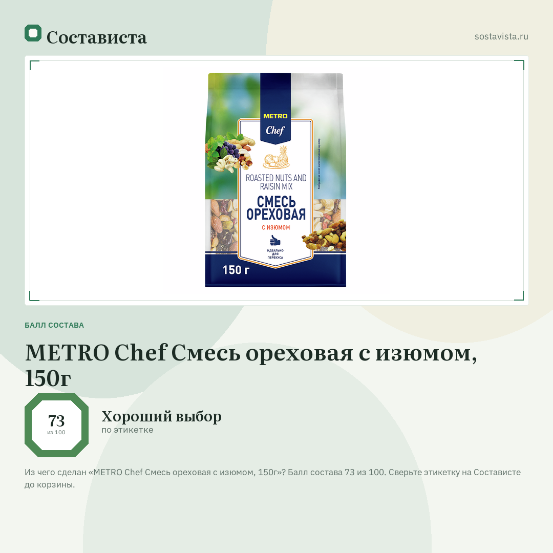 METRO Chef Смесь ореховая с изюмом, 150г: балл состава 73 из 100 — Состависта