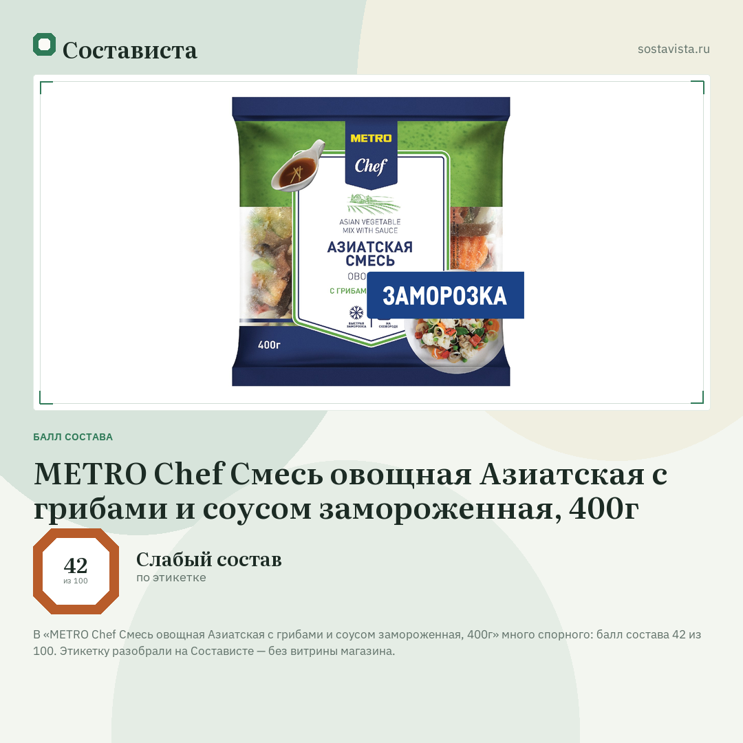METRO Chef Смесь овощная Азиатская с грибами и соусом замороженная, 400г: балл состава 42 из 100 — Состависта