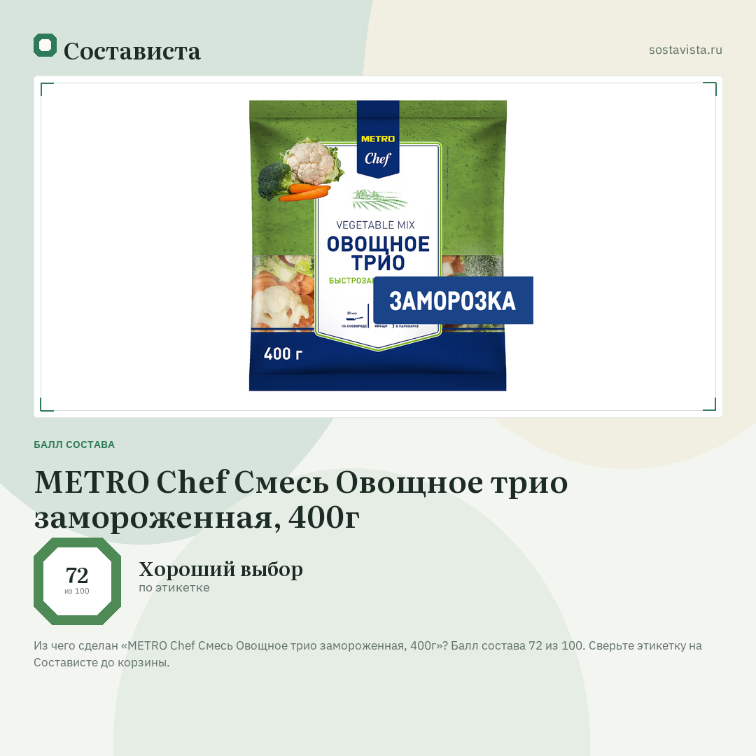 METRO Chef Смесь Овощное трио замороженная, 400г: балл состава 72 из 100 — Состависта