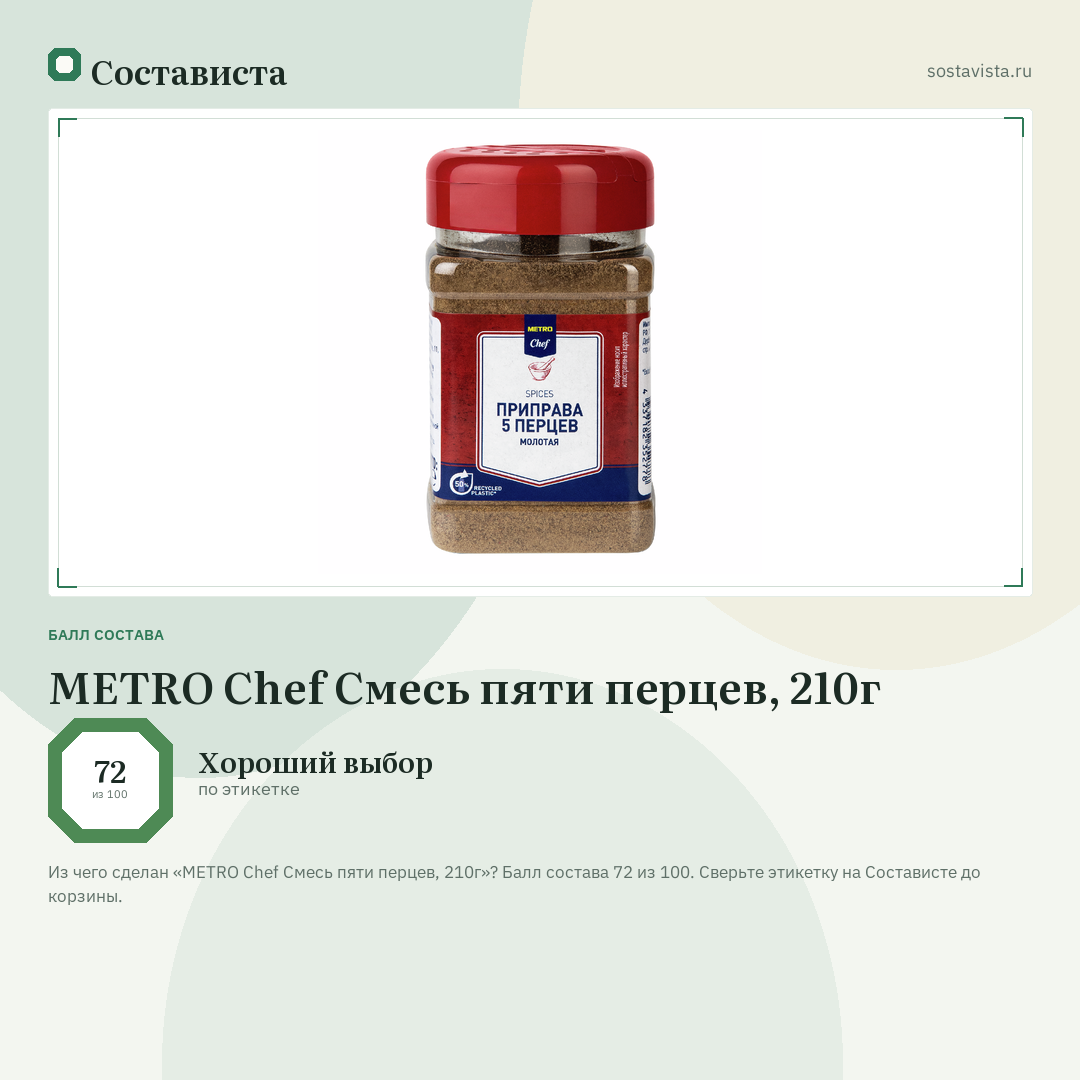 METRO Chef Смесь пяти перцев, 210г: балл состава 72 из 100 — Состависта