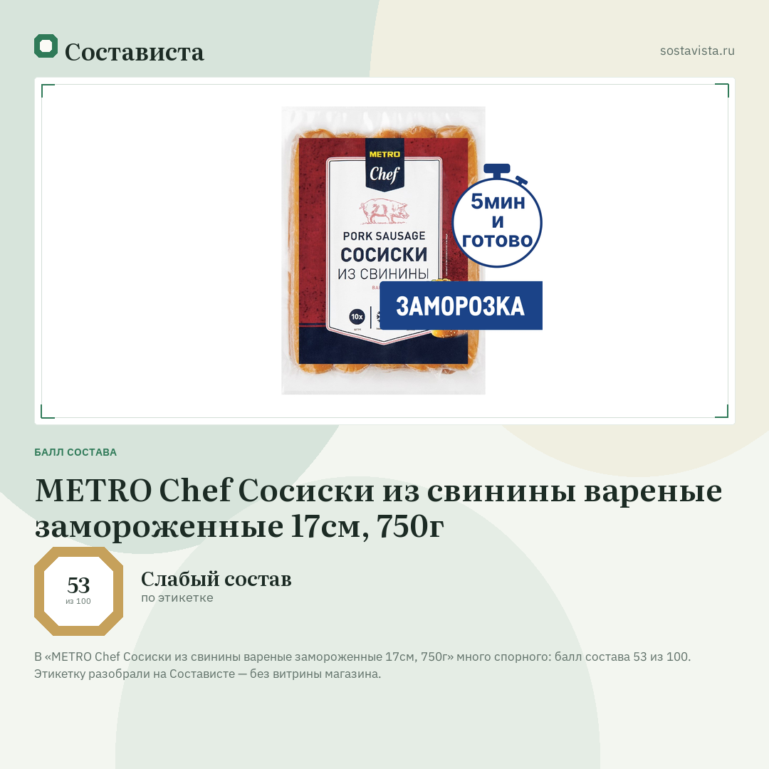 METRO Chef Сосиски из свинины вареные замороженные 17см, 750г: балл состава 53 из 100 — Состависта