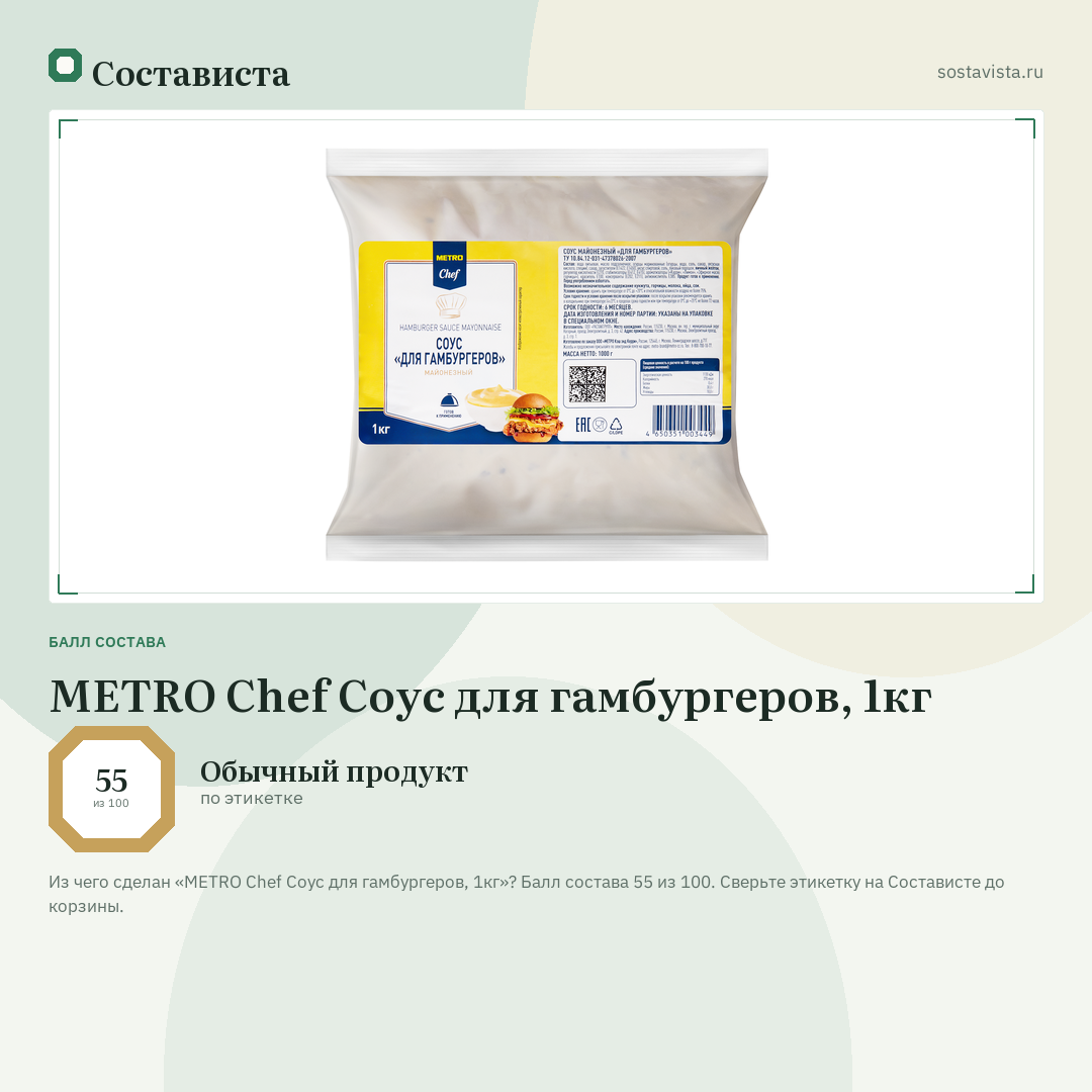 METRO Chef Соус для гамбургеров, 1кг: балл состава 55 из 100 — Состависта