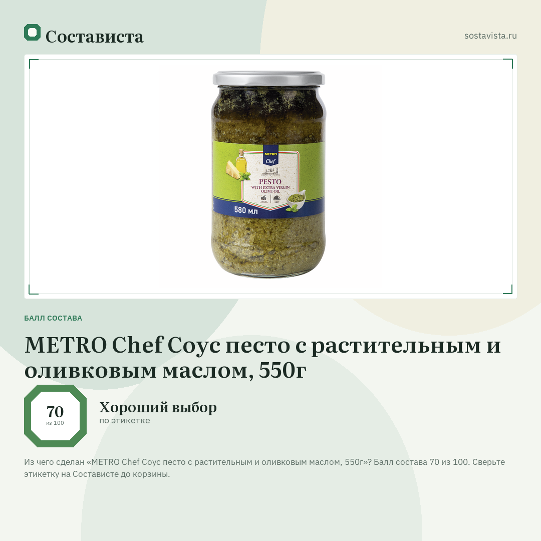 METRO Chef Соус песто с растительным и оливковым маслом, 550г: балл состава 70 из 100 — Состависта