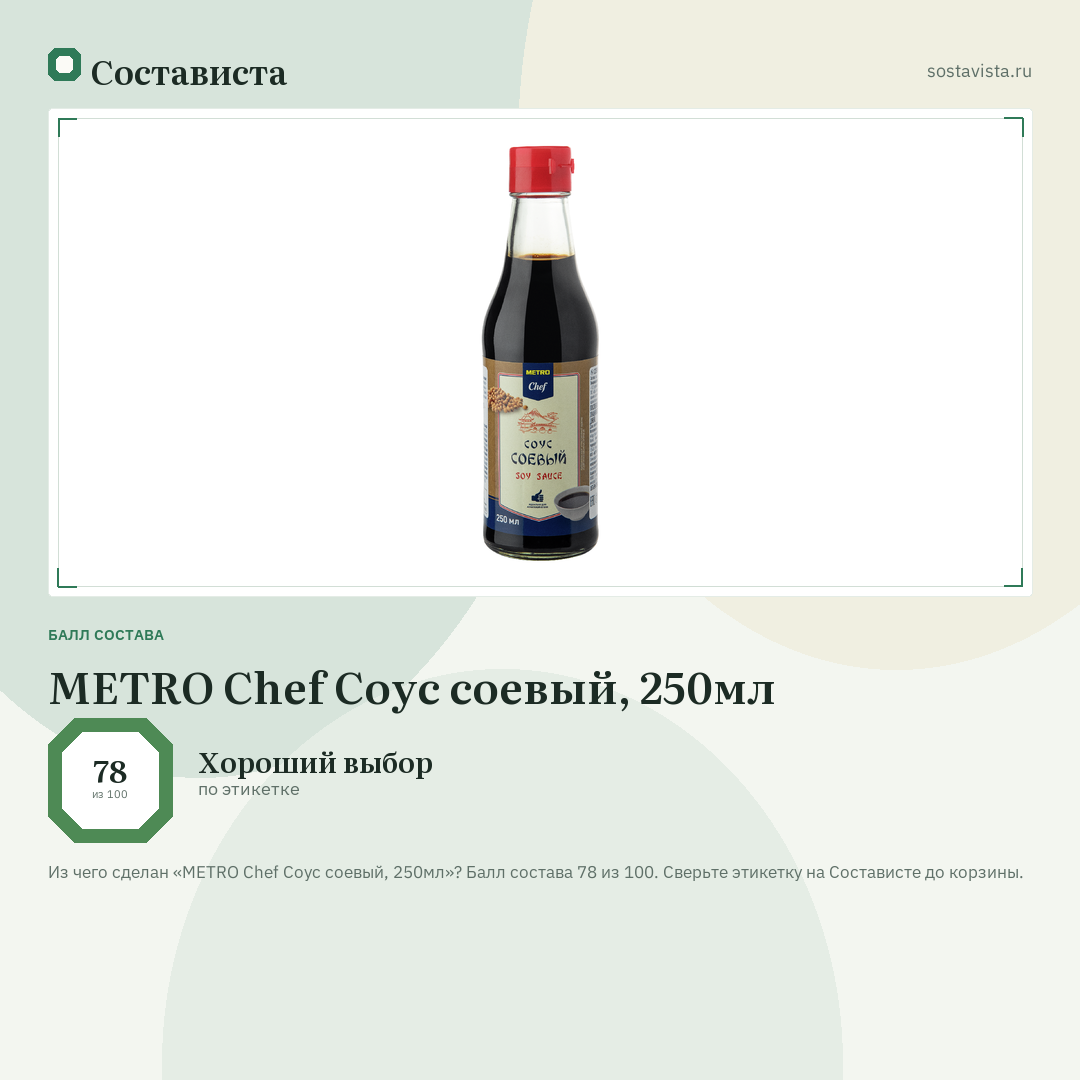 METRO Chef Соус соевый, 250мл: балл состава 78 из 100 — Состависта