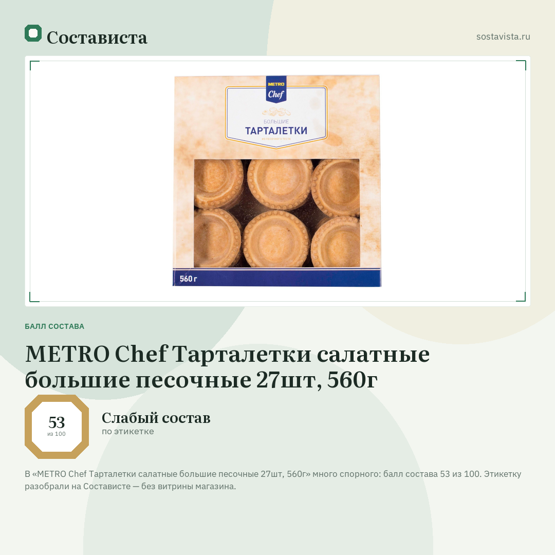 METRO Chef Тарталетки салатные большие песочные 27шт, 560г: балл состава 53 из 100 — Состависта