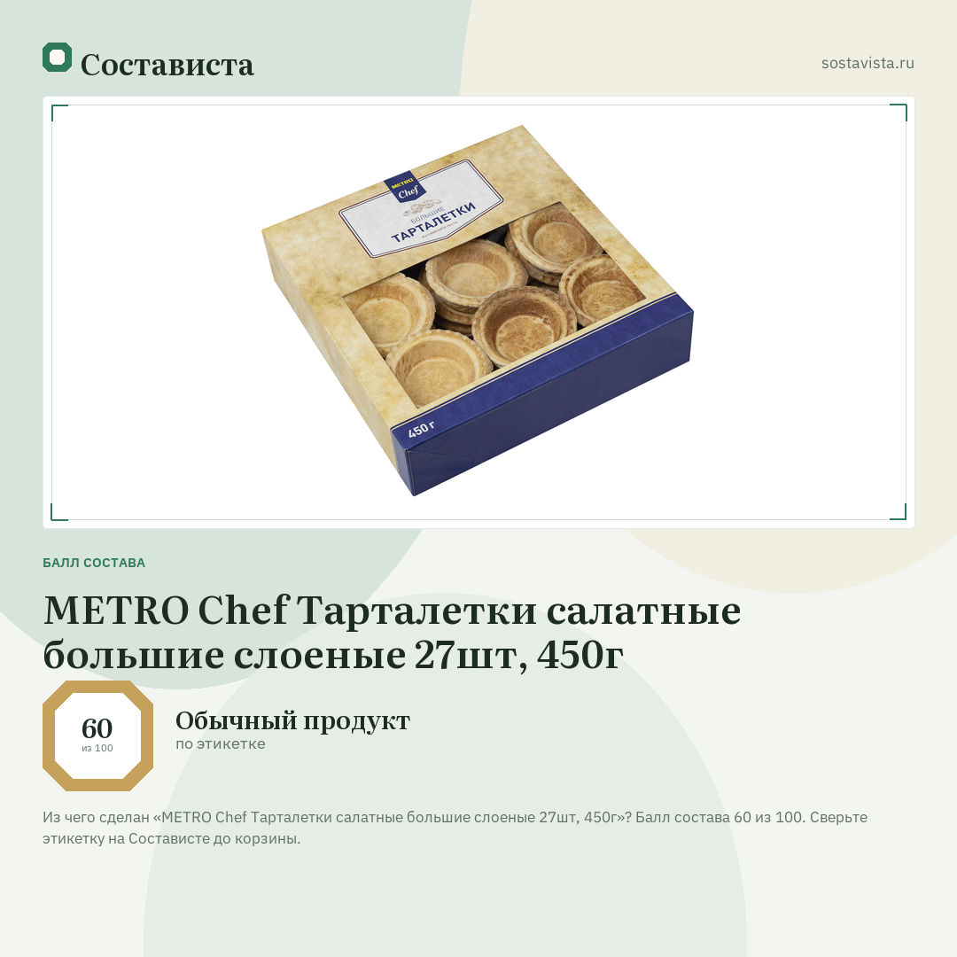 METRO Chef Тарталетки салатные большие слоеные 27шт, 450г: балл состава 60 из 100 — Состависта