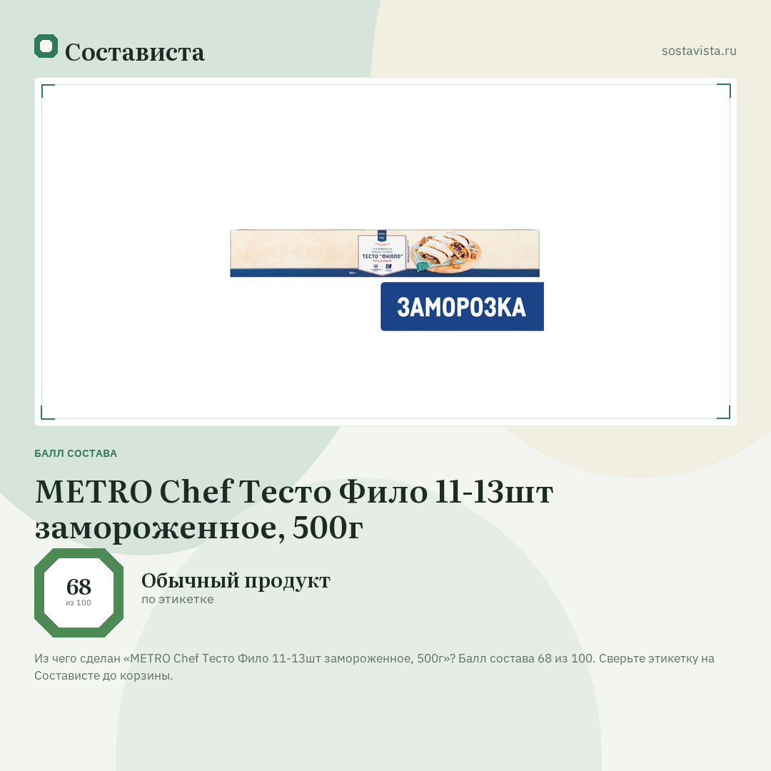 METRO Chef Тесто Фило 11-13шт замороженное, 500г: балл состава 68 из 100 — Состависта