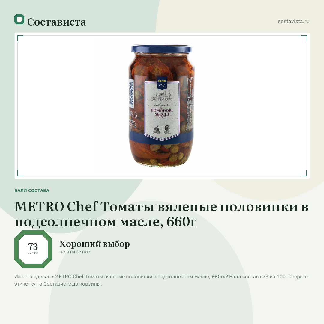 METRO Chef Томаты вяленые половинки в подсолнечном масле, 660г: балл состава 73 из 100 — Состависта